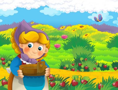 çizgi film sahne ile ayakta ve gülümseyen çiftlikte - çalışan mutlu kadın / illüstrasyon çocuklar için