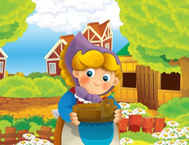 çizgi film sahne ile ayakta ve gülümseyen çiftlikte - çalışan mutlu kadın / illüstrasyon çocuklar için