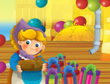 çizgi film sahne ile ayakta ve gülümseyen çiftlikte - çalışan mutlu kadın / illüstrasyon çocuklar için