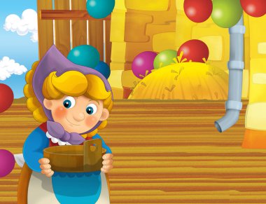 çizgi film sahne ile ayakta ve gülümseyen çiftlikte - çalışan mutlu kadın / illüstrasyon çocuklar için