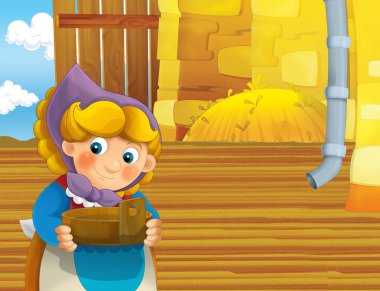 çizgi film sahne ile ayakta ve gülümseyen çiftlikte - çalışan mutlu kadın / illüstrasyon çocuklar için