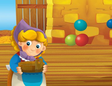 çizgi film sahne ile ayakta ve gülümseyen çiftlikte - çalışan mutlu kadın / illüstrasyon çocuklar için