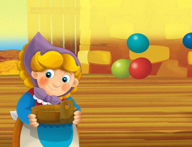 çizgi film sahne ile ayakta ve gülümseyen çiftlikte - çalışan mutlu kadın / illüstrasyon çocuklar için