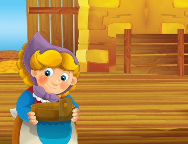 çizgi film sahne ile ayakta ve gülümseyen çiftlikte - çalışan mutlu kadın / illüstrasyon çocuklar için