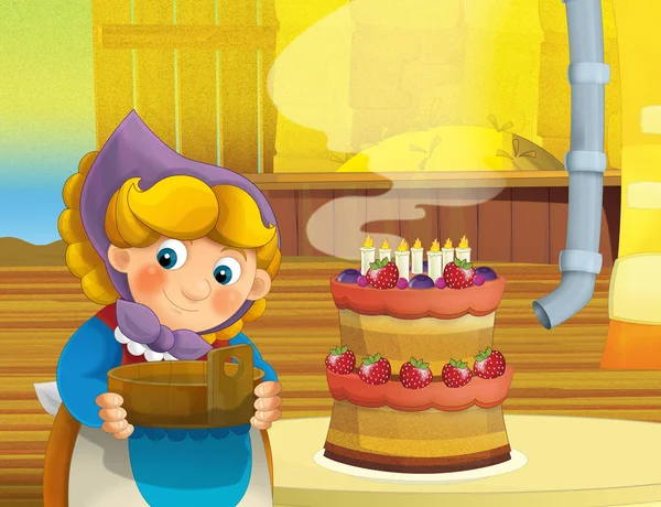 çizgi film sahne ile ayakta ve gülümseyen çiftlikte - çalışan mutlu kadın / illüstrasyon çocuklar için