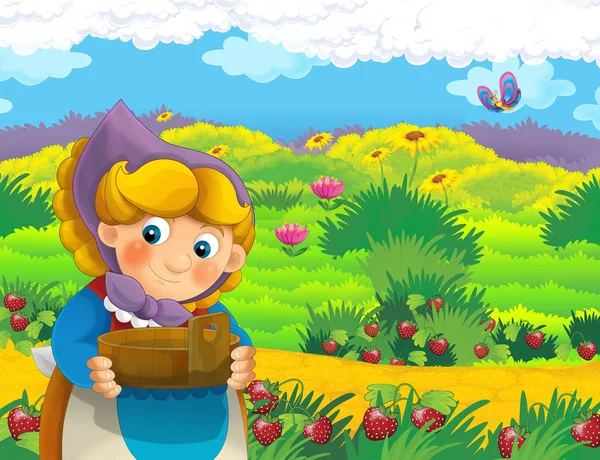 çizgi film sahne ile ayakta ve gülümseyen çiftlikte - çalışan mutlu kadın / illüstrasyon çocuklar için