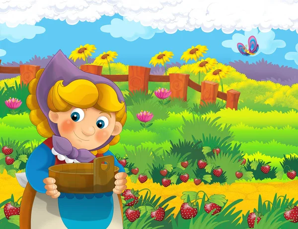 çizgi film sahne ile ayakta ve gülümseyen çiftlikte - çalışan mutlu kadın / illüstrasyon çocuklar için