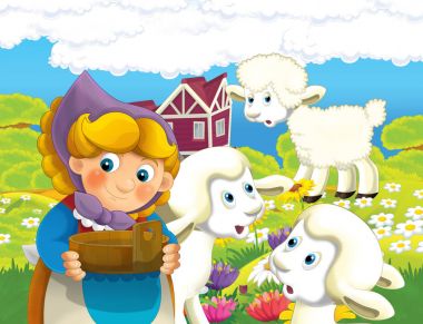 çizgi film sahne ile ayakta ve gülümseyen çiftlikte - çalışan mutlu kadın / illüstrasyon çocuklar için