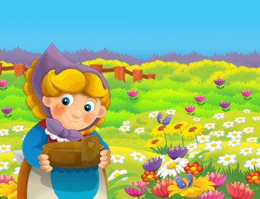 çizgi film sahne ile ayakta ve gülümseyen çiftlikte - çalışan mutlu kadın / illüstrasyon çocuklar için