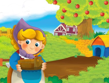 çizgi film sahne ile ayakta ve gülümseyen çiftlikte - çalışan mutlu kadın / illüstrasyon çocuklar için