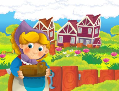 çizgi film sahne ile ayakta ve gülümseyen çiftlikte - çalışan mutlu kadın / illüstrasyon çocuklar için