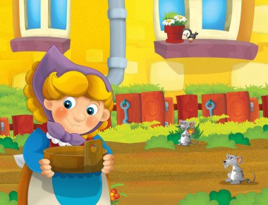 çizgi film sahne ile ayakta ve gülümseyen çiftlikte - çalışan mutlu kadın / illüstrasyon çocuklar için