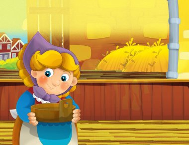 çizgi film sahne ile ayakta ve gülümseyen çiftlikte - çalışan mutlu kadın / illüstrasyon çocuklar için