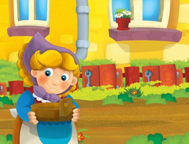 çizgi film sahne ile ayakta ve gülümseyen çiftlikte - çalışan mutlu kadın / illüstrasyon çocuklar için