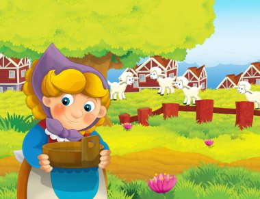 çizgi film sahne ile ayakta ve gülümseyen çiftlikte - çalışan mutlu kadın / illüstrasyon çocuklar için