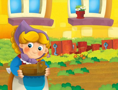 çizgi film sahne ile ayakta ve gülümseyen çiftlikte - çalışan mutlu kadın / illüstrasyon çocuklar için