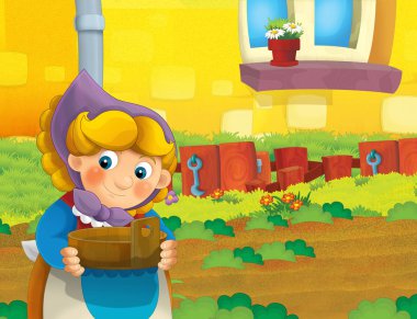 çizgi film sahne ile ayakta ve gülümseyen çiftlikte - çalışan mutlu kadın / illüstrasyon çocuklar için