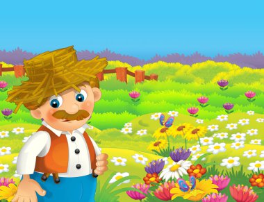 mutlu adam çiftlikte - illüstrasyon çocuklar için çalışma ile çizgi film sahne