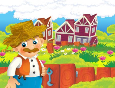 mutlu adam çiftlikte - illüstrasyon çocuklar için çalışma ile çizgi film sahne