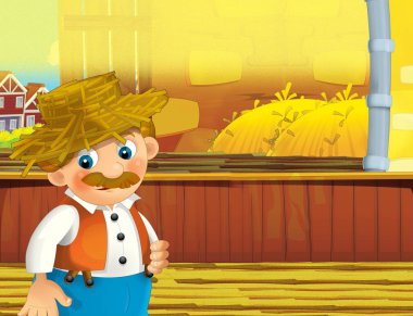 mutlu adam çiftlikte - illüstrasyon çocuklar için çalışma ile çizgi film sahne