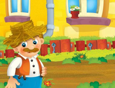 mutlu adam çiftlikte - illüstrasyon çocuklar için çalışma ile çizgi film sahne