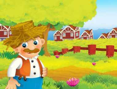 mutlu adam çiftlikte - illüstrasyon çocuklar için çalışma ile çizgi film sahne