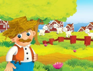 mutlu adam çiftlikte - illüstrasyon çocuklar için çalışma ile çizgi film sahne