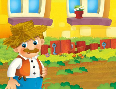 mutlu adam çiftlikte - illüstrasyon çocuklar için çalışma ile çizgi film sahne