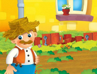 mutlu adam çiftlikte - illüstrasyon çocuklar için çalışma ile çizgi film sahne