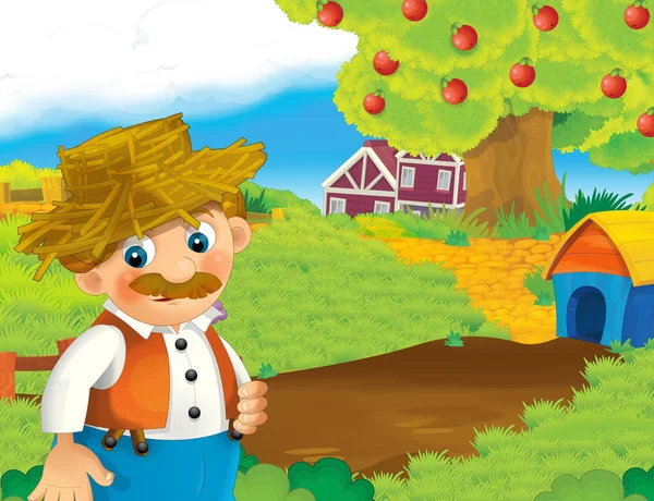 mutlu adam çiftlikte - illüstrasyon çocuklar için çalışma ile çizgi film sahne