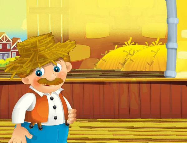 mutlu adam çiftlikte - illüstrasyon çocuklar için çalışma ile çizgi film sahne