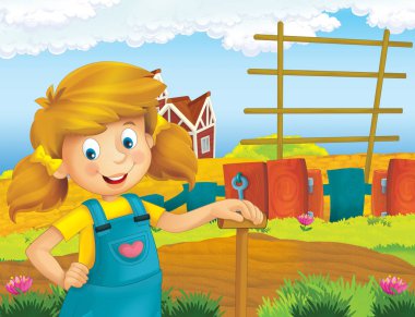 mutlu kız ayakta ve gülümseyen çiftlikte - çalışma ile çizgi film sahne / illüstrasyon çocuklar için