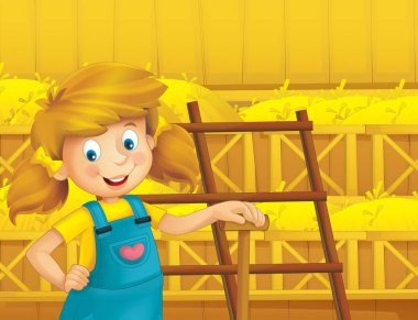 mutlu kız ayakta ve gülümseyen çiftlikte - çalışma ile çizgi film sahne / illüstrasyon çocuklar için