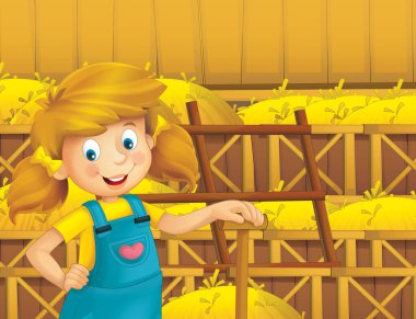 mutlu kız ayakta ve gülümseyen çiftlikte - çalışma ile çizgi film sahne / illüstrasyon çocuklar için