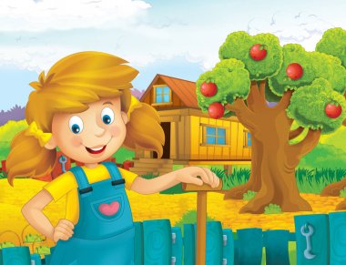 mutlu kız ayakta ve gülümseyen çiftlikte - çalışma ile çizgi film sahne / illüstrasyon çocuklar için