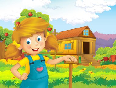 mutlu kız ayakta ve gülümseyen çiftlikte - çalışma ile çizgi film sahne / illüstrasyon çocuklar için