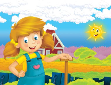 mutlu kız ayakta ve gülümseyen çiftlikte - çalışma ile çizgi film sahne / illüstrasyon çocuklar için