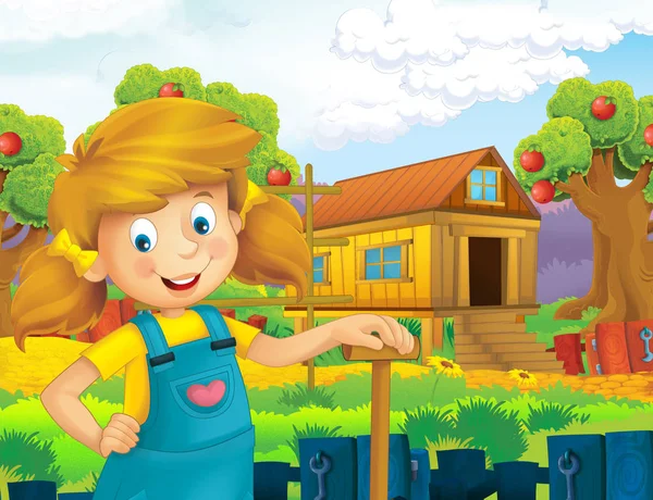 Cartoon Scene Happy Girl Working Farm Standing Smiling Illustration Children — Stock Photo, Image