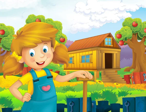 Kreslený Scény Šťastná Dívka Pracuje Farmě Stál Usmíval Ilustrace Pro — Stock fotografie