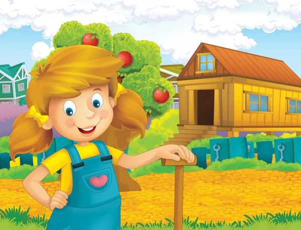 Cartoon Scene Happy Girl Working Farm Standing Smiling Illustration Children — Stock Photo, Image