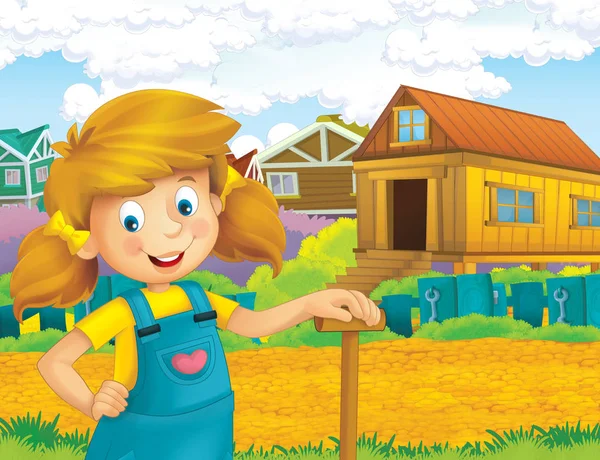 Kreslený Scény Šťastná Dívka Pracuje Farmě Stál Usmíval Ilustrace Pro — Stock fotografie