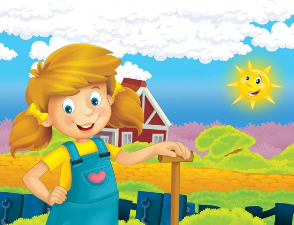 mutlu kız ayakta ve gülümseyen çiftlikte - çalışma ile çizgi film sahne / illüstrasyon çocuklar için