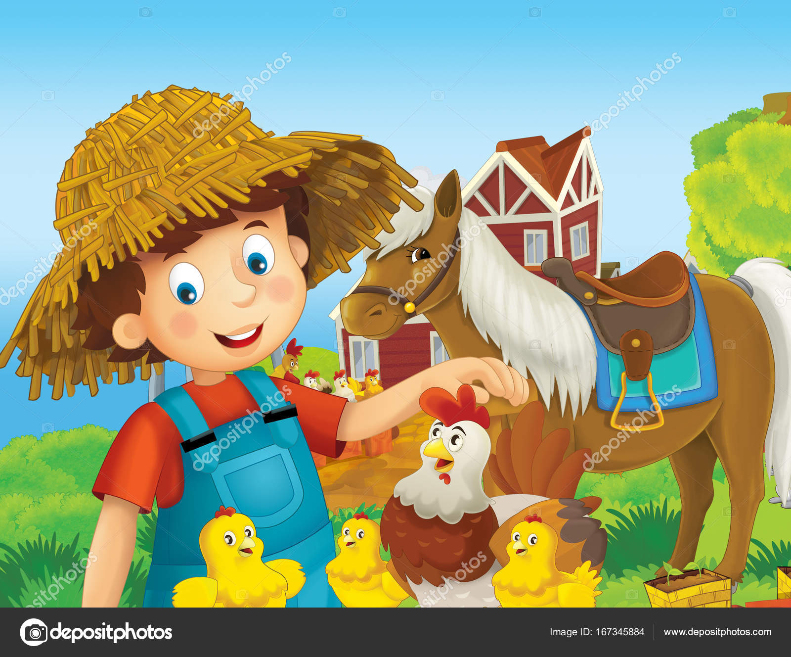 Escena Dibujos Animados Con Niño Feliz Trabajando Granja Pie Sonriente — Foto de stock ...