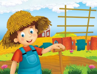 ayakta ve gülümseyen çiftlikte - çalışan mutlu çocuk çizgi film sahne / illüstrasyon çocuklar için 