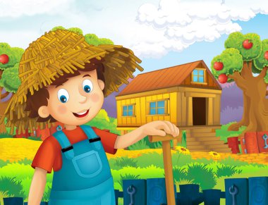 ayakta ve gülümseyen çiftlikte - çalışan mutlu çocuk çizgi film sahne / illüstrasyon çocuklar için 