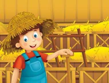 ayakta ve gülümseyen çiftlikte - çalışan mutlu çocuk çizgi film sahne / illüstrasyon çocuklar için 