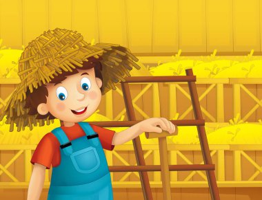 ayakta ve gülümseyen çiftlikte - çalışan mutlu çocuk çizgi film sahne / illüstrasyon çocuklar için 