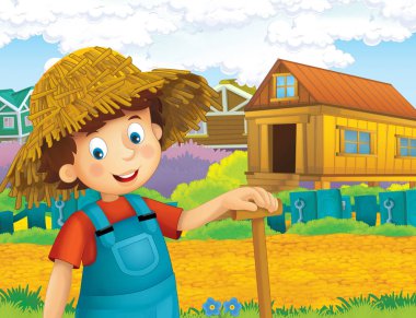 ayakta ve gülümseyen çiftlikte - çalışan mutlu çocuk çizgi film sahne / illüstrasyon çocuklar için 