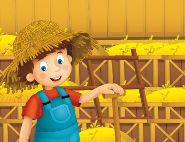 ayakta ve gülümseyen çiftlikte - çalışan mutlu çocuk çizgi film sahne / illüstrasyon çocuklar için 