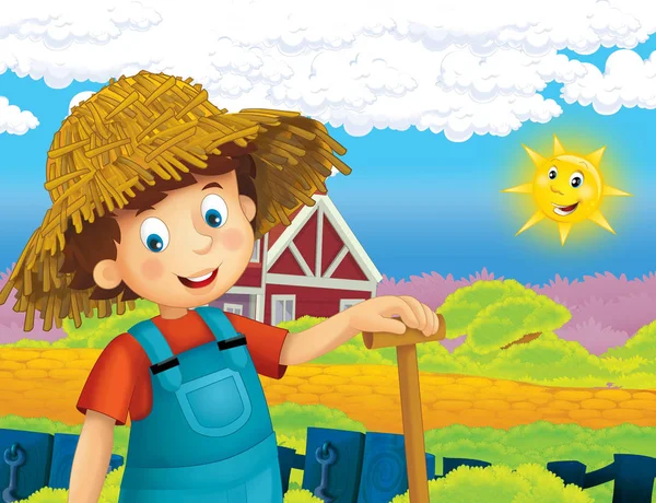 Cartoon Scene Happy Boy Working Farm Standing Smiling Illustration Children — Stock Photo, Image